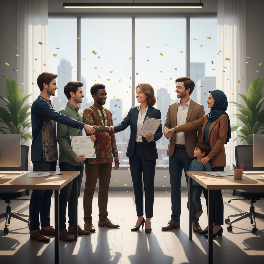 A diverse group of people from different nationalities happily shaking hands with a professional-looking immigration lawyer in a modern, bright office setting. Focus on a sense of relief and successful collaboration, photorealistic, cinematic lighting