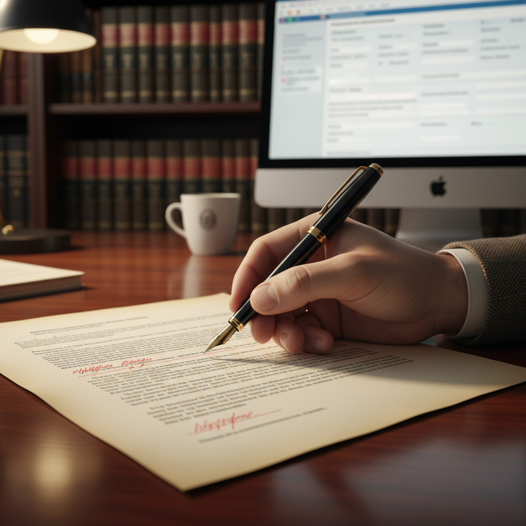 A close-up shot of a legal document being meticulously reviewed by a hand holding a pen, with a blurred background of legal books and a computer screen displaying immigration forms, professional, detailed, realistic