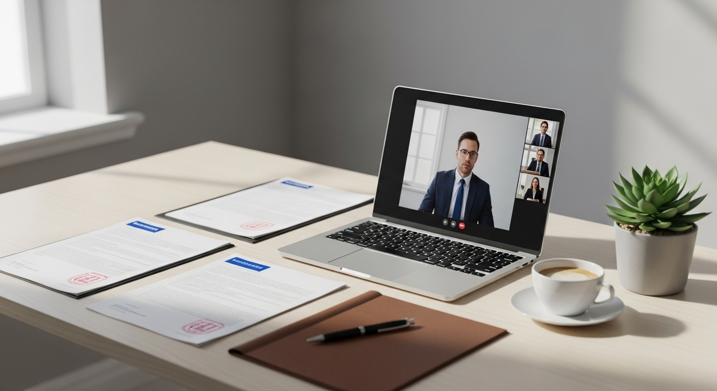 A modern, minimalist office desk with a laptop displaying a video call, legal documents, a cup of coffee, and a small plant, suggesting remote legal consultation, calm, professional atmosphere, realistic