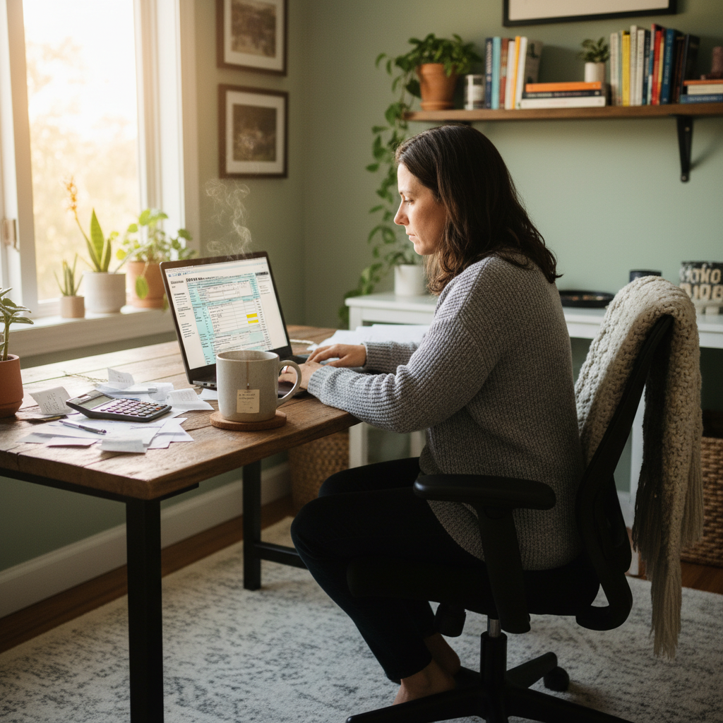 A person sitting at a desk, looking thoughtfully at a laptop screen displaying tax forms and calculations, with a cup of tea nearby, in a cozy home office setting.