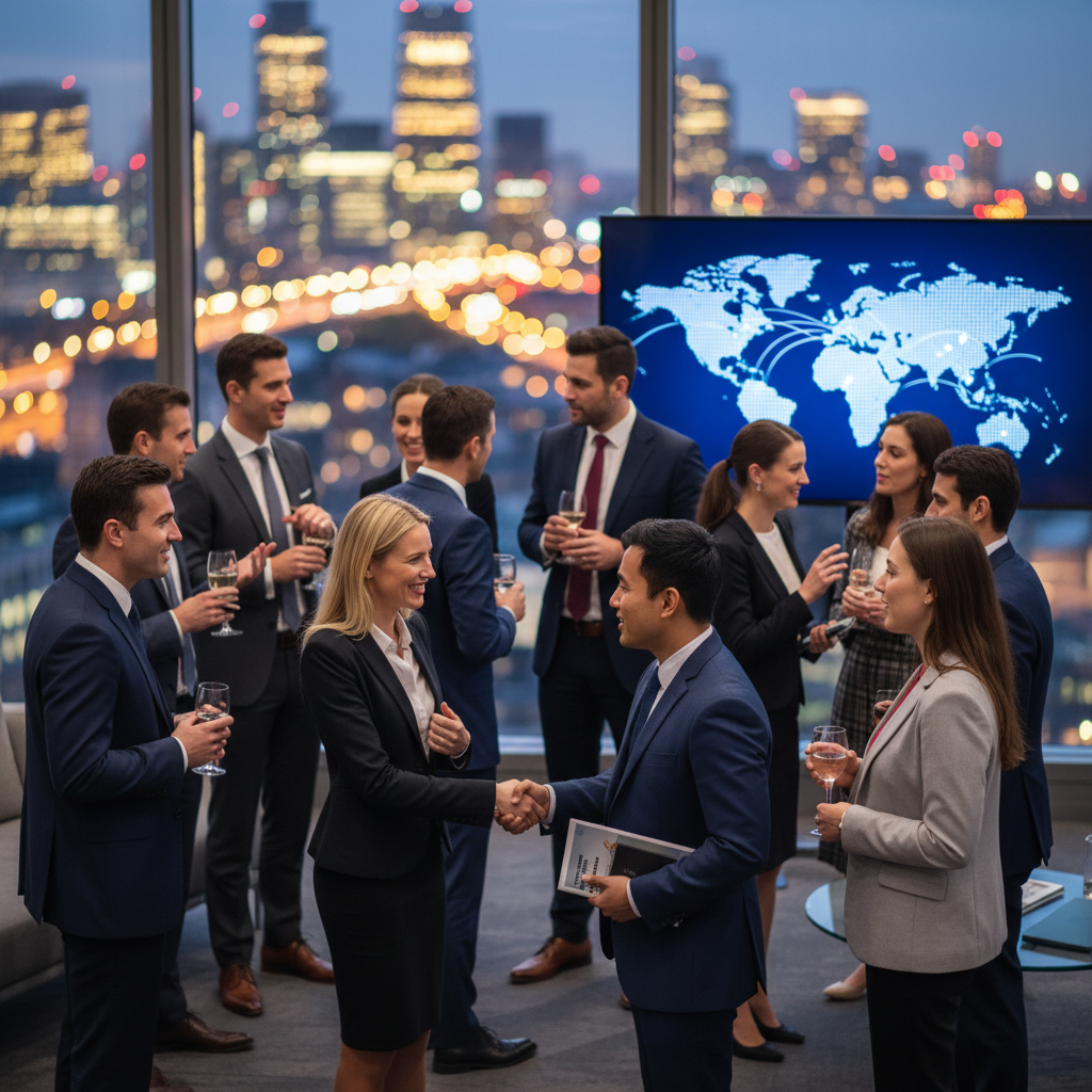 A diverse group of people (US expats and UK citizens) interacting in a professional networking event, with blurred city lights in the background, conveying a sense of community and expert advice.