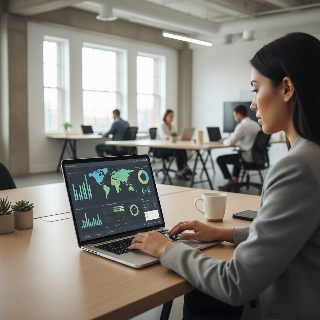 A professional using a laptop with a CRM dashboard on screen, showing multi-currency data and a global map, in a modern, bright office setting. Photorealistic, soft natural lighting.