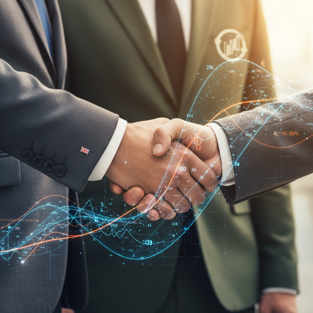 A close-up shot of a handshake between two business people, one representing the UK and the other an international client, with digital data flowing in the background. Photorealistic, warm lighting.