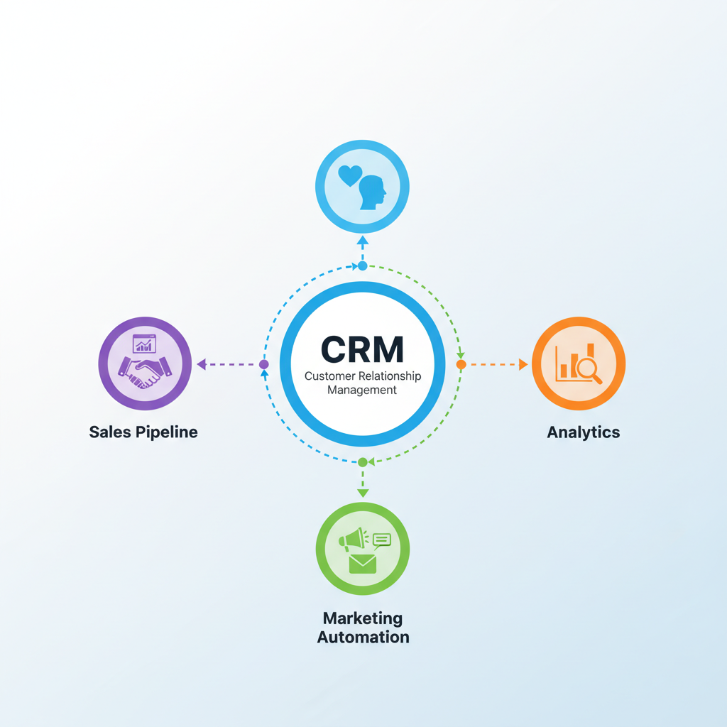 An infographic style image illustrating key CRM features like customer relationship management, sales pipeline, marketing automation, and analytics, with interconnected icons. Flat design, vibrant colors, clear readability.