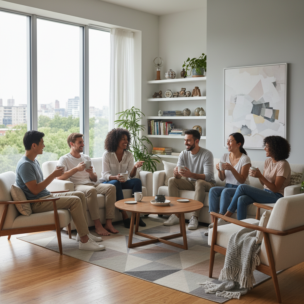 A diverse group of people, appearing as expatriates, are having a relaxed conversation in a modern, well-lit living room, holding mugs. The scene is bright and friendly, photorealistic.