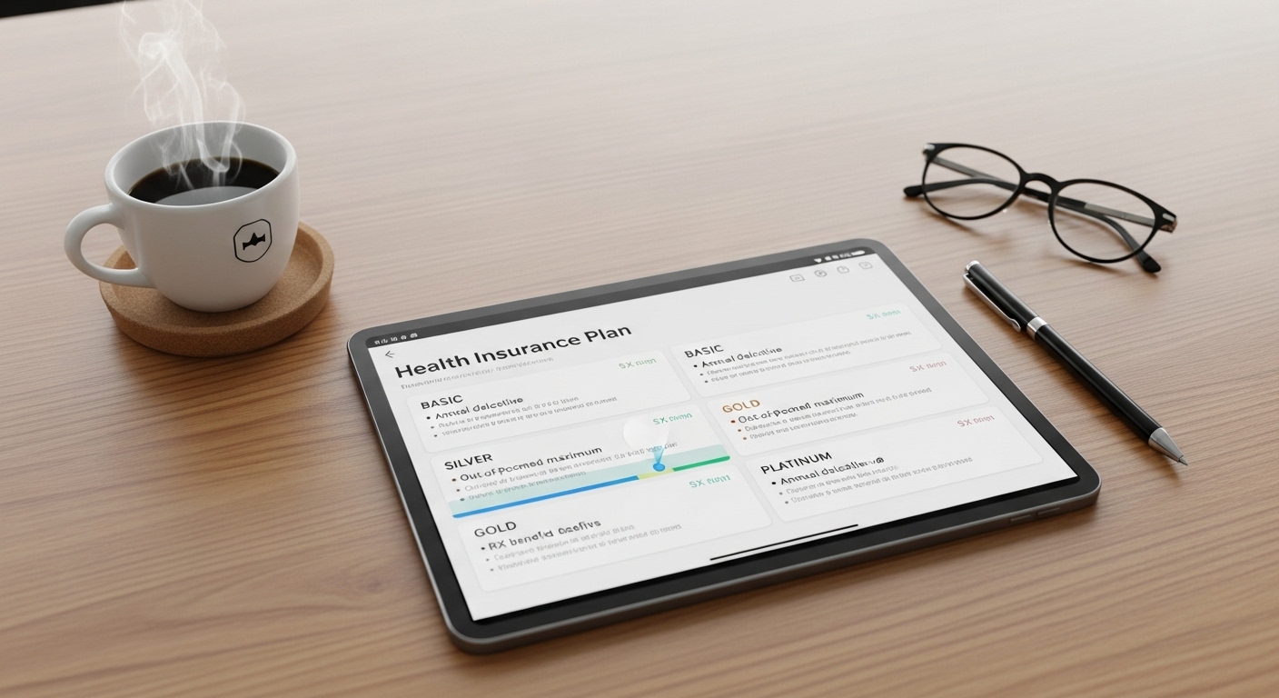 A detailed, high-angle shot of a digital tablet displaying various health insurance plan options on its screen, surrounded by a pen, glasses, and a cup of coffee on a modern wooden desk. The scene is clean and professional, photorealistic.