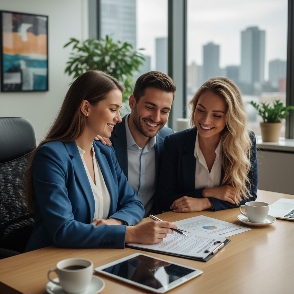 A professional, friendly insurance agent in a modern office setting is explaining policy details to a smiling expat couple, pointing to documents on a desk. The atmosphere is reassuring, photorealistic.