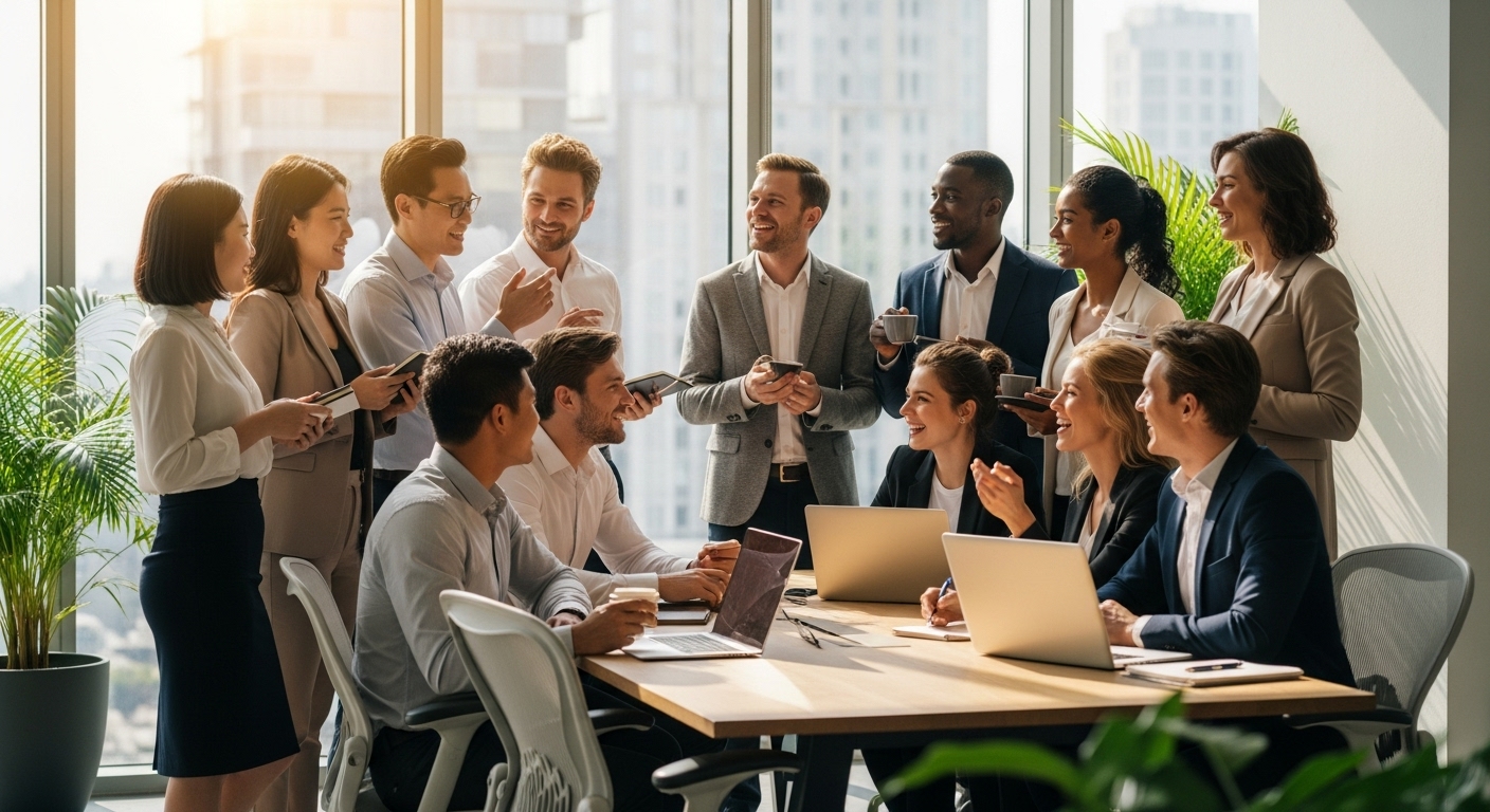A diverse group of business professionals from various backgrounds, some with laptops, smiling and networking in a modern, sunlit office space, representing successful expat entrepreneurs. Photorealistic, high-resolution.