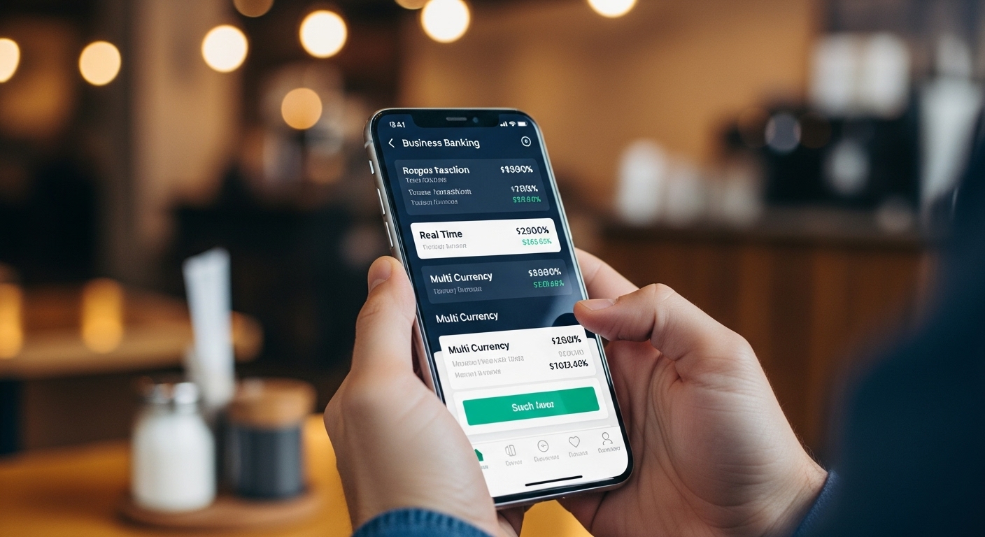 A sleek, modern smartphone displaying a business banking app interface with real-time transaction data and multi-currency options, held by an expat entrepreneur in a cafe. Photorealistic, shallow depth of field.