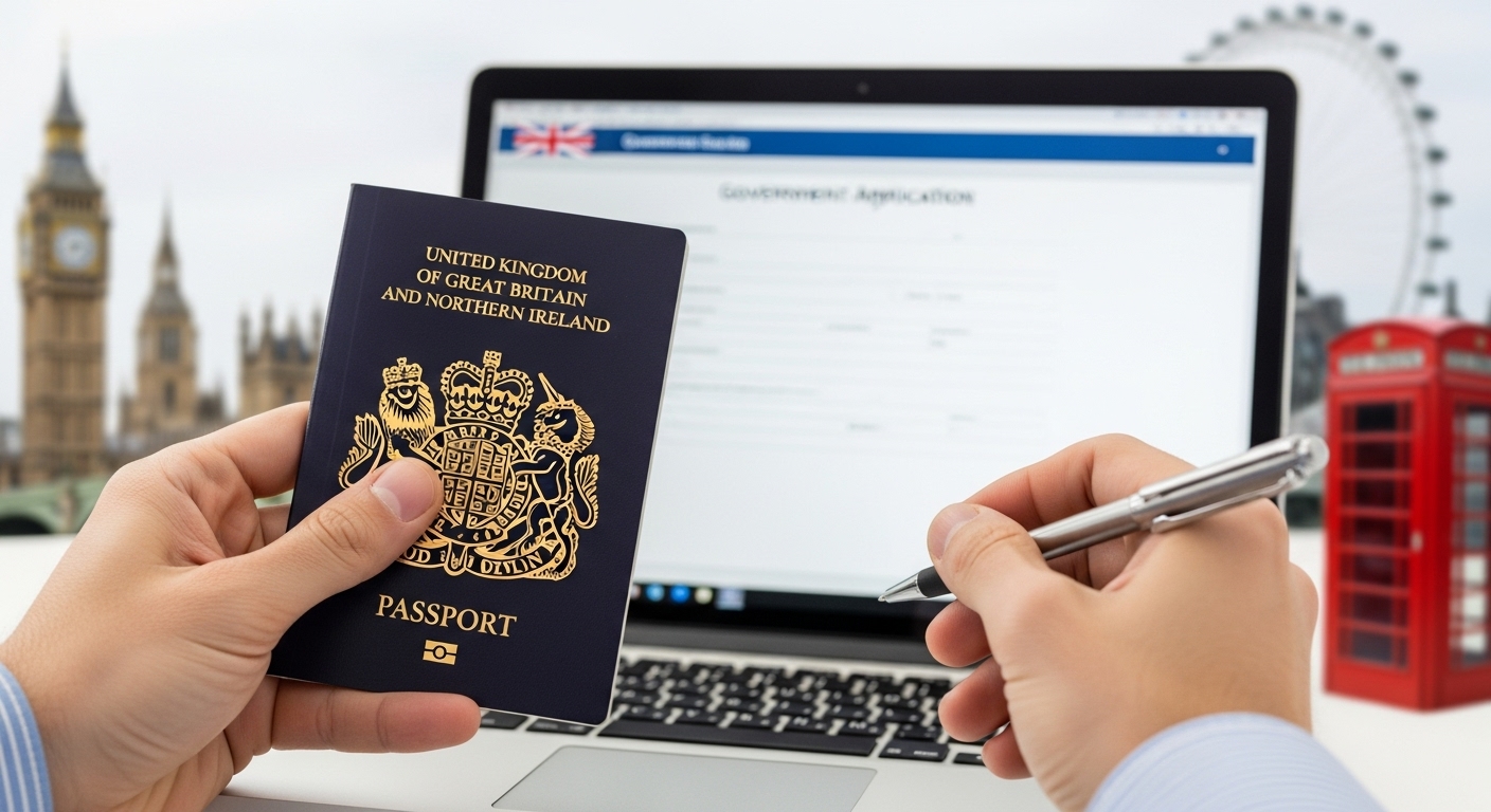 A person's hands holding a British passport and a pen, filling out an application form on a laptop, with blurred UK landmarks in the background, representing immigration and documentation. Photorealistic, clean, professional.
