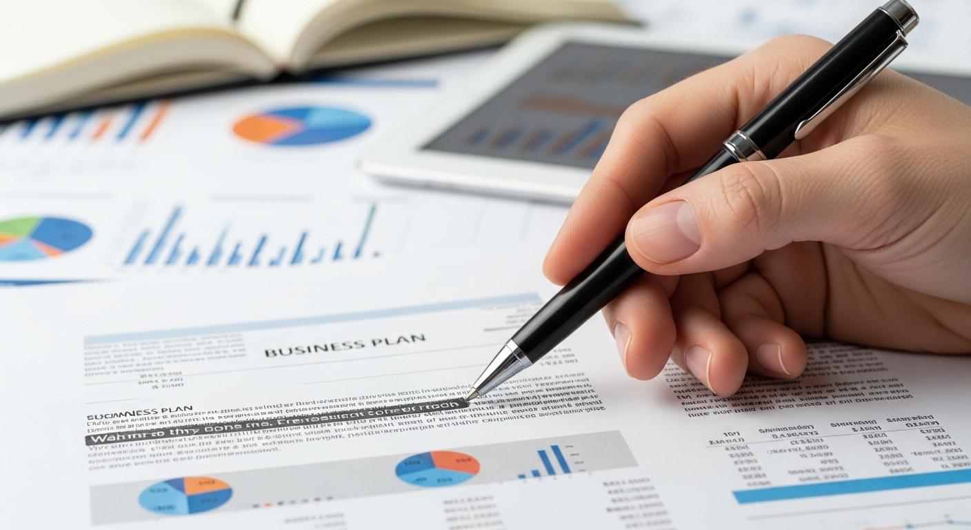 A close-up shot of a hand highlighting a section of a detailed business plan document with a pen, surrounded by charts and graphs, emphasizing meticulous planning. Realistic, sharp focus.