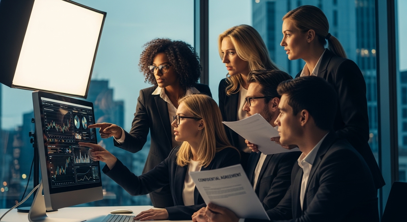 A diverse group of business professionals in a modern office, looking at charts on a computer screen, discussing legal documents, photorealistic, cinematic lighting
