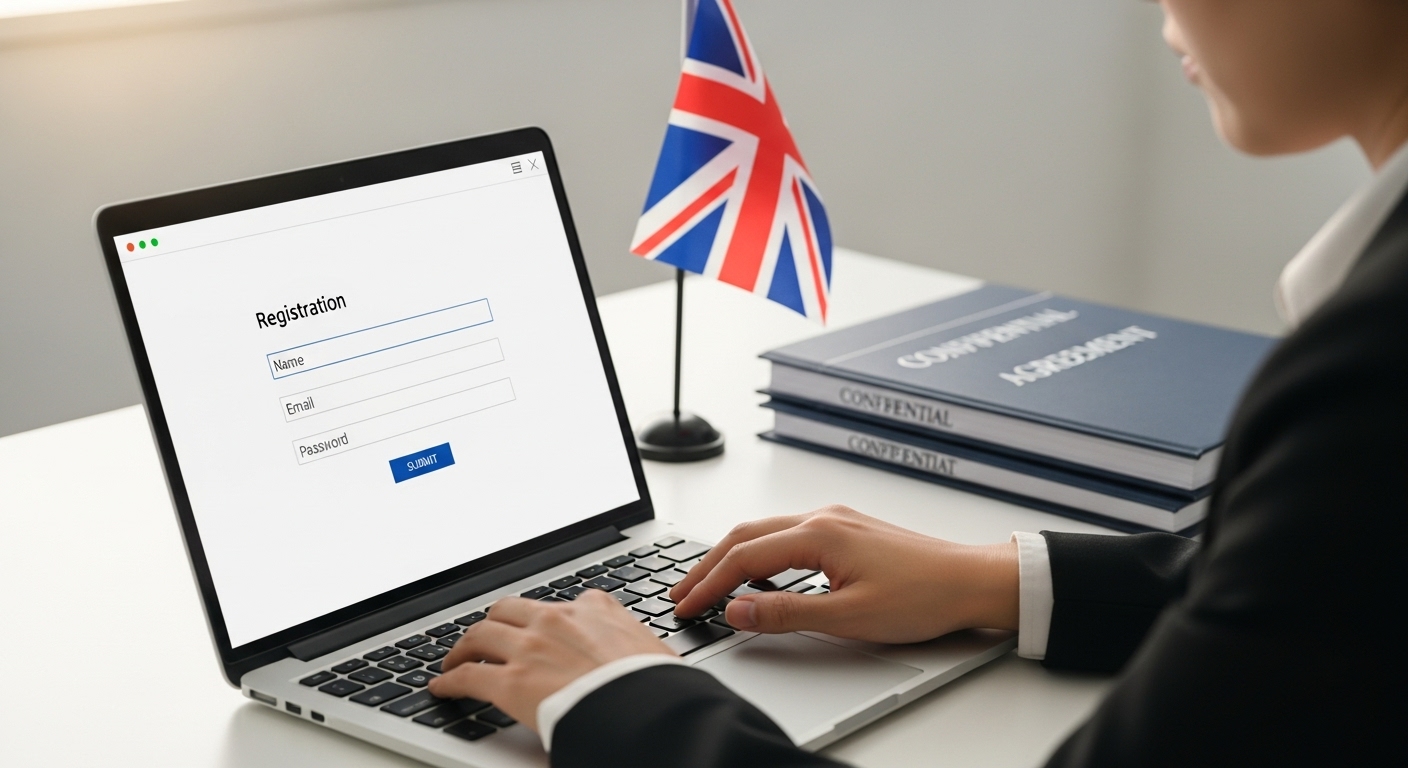 A person filling out an online registration form on a laptop, with a UK flag and legal documents in the background, bright and professional, photorealistic