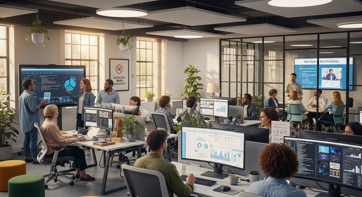 A diverse team of employees working collaboratively in a modern, open-plan office, with a focus on good HR practices and data security, photorealistic, warm lighting