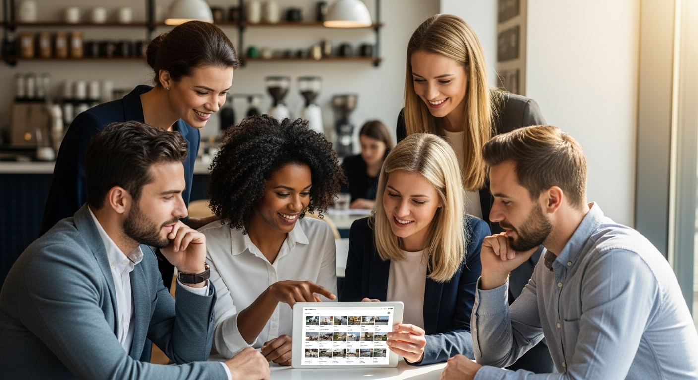 A diverse group of expat professionals from different countries, smiling and looking at a digital tablet displaying UK property listings, sitting in a modern, well-lit cafe. Photorealistic, soft focus background.