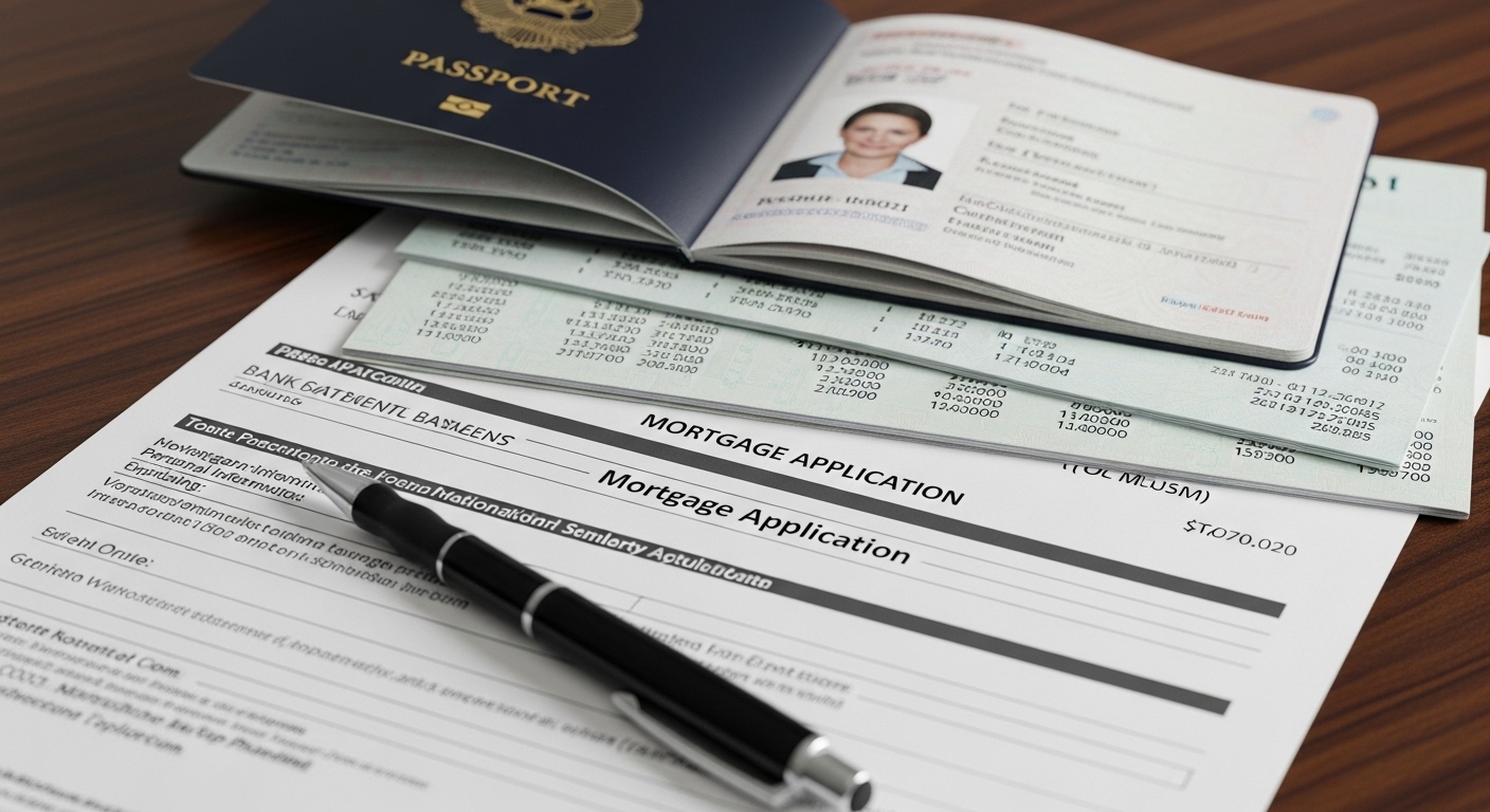 A close-up, photorealistic shot of a stack of documents, including a passport, bank statements, and a mortgage application form, laid out neatly on a wooden desk with a pen. Professional, clear lighting.