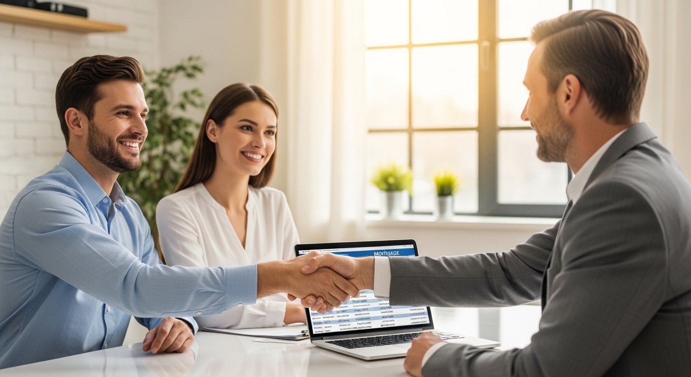 A smiling expat couple shaking hands with a professional mortgage advisor in a bright, modern office. There's a laptop displaying a mortgage calculation on the table. Photorealistic, warm lighting.