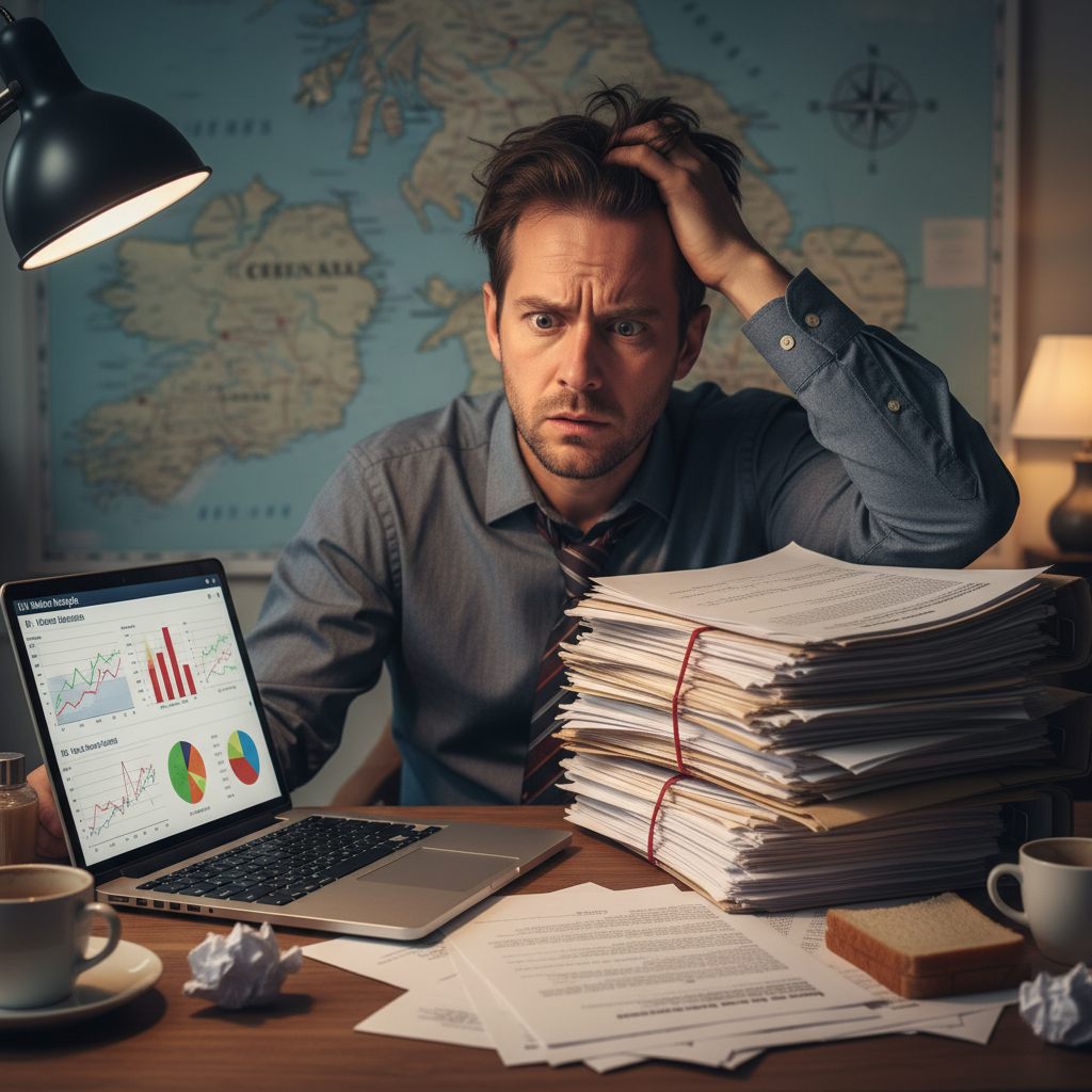 A person sitting at a desk, looking perplexed at a pile of official-looking documents and a laptop showing complex financial charts, with a blurred map of the UK in the background, realistic photography