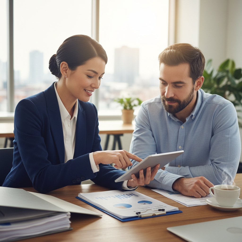 A professional female accountant in a modern office setting, discussing tax documents with a male expat client. They are both looking at a tablet showing financial data, with a relaxed, understanding expression, photorealistic