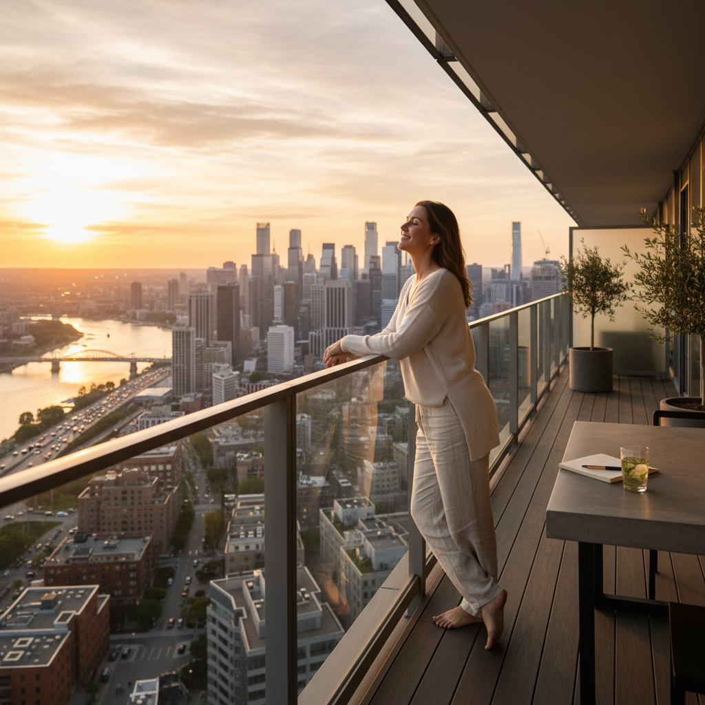 A person enjoying a sunset view from a modern apartment balcony overlooking a vibrant city skyline, with a calm and content expression, embodying freedom from financial worries, highly detailed, cinematic lighting
