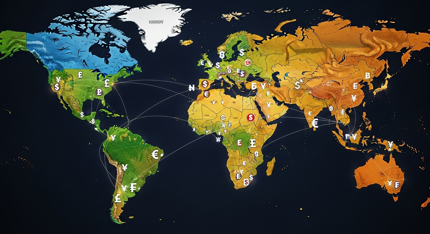 A vibrant, photorealistic world map with various currencies (pound, dollar, euro, yen) represented as small icons or symbols scattered across different continents. The image should convey global financial connections and international wealth.