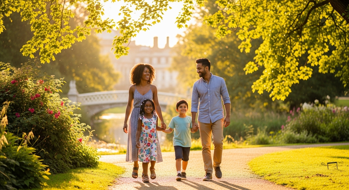 A diverse expat family (parents and two children) smiling and walking hand-in-hand through a beautiful, sunlit British park. They look relaxed and happy, enjoying their life in the UK, representing financial peace of mind. Photorealistic and vibrant colors.