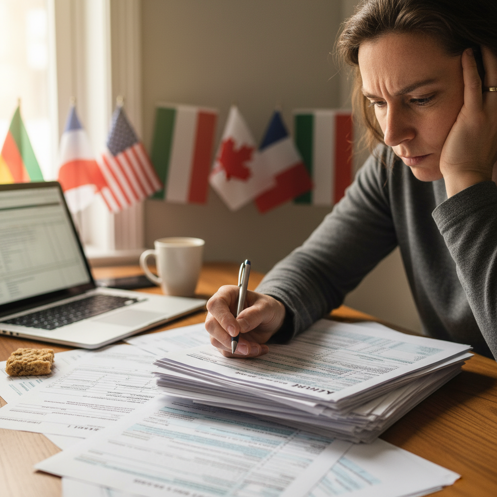A person looking at complex tax forms with international flags subtly blurred in the background, symbolizing expat tax challenges, shot with a shallow depth of field, realistic lighting.