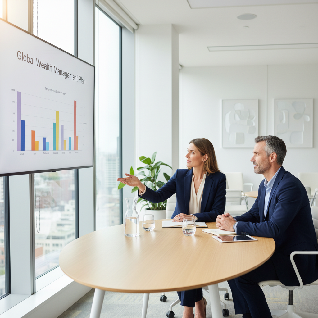 A professional female financial advisor in a modern, light-filled office explaining a financial plan to an expat couple, who are listening attentively, a sense of trust and clarity, photorealistic.