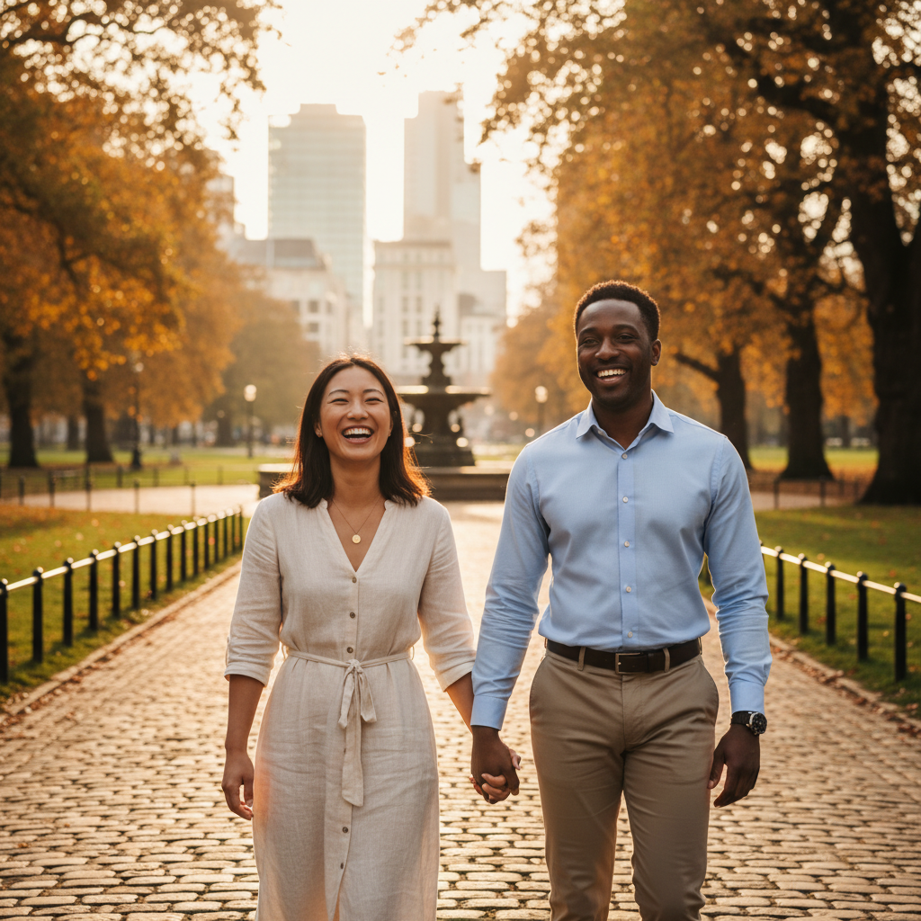 A diverse expat couple smiling and holding hands while walking through a beautiful park in a UK city, symbolizing financial security and peace of mind, warm lighting, vibrant.