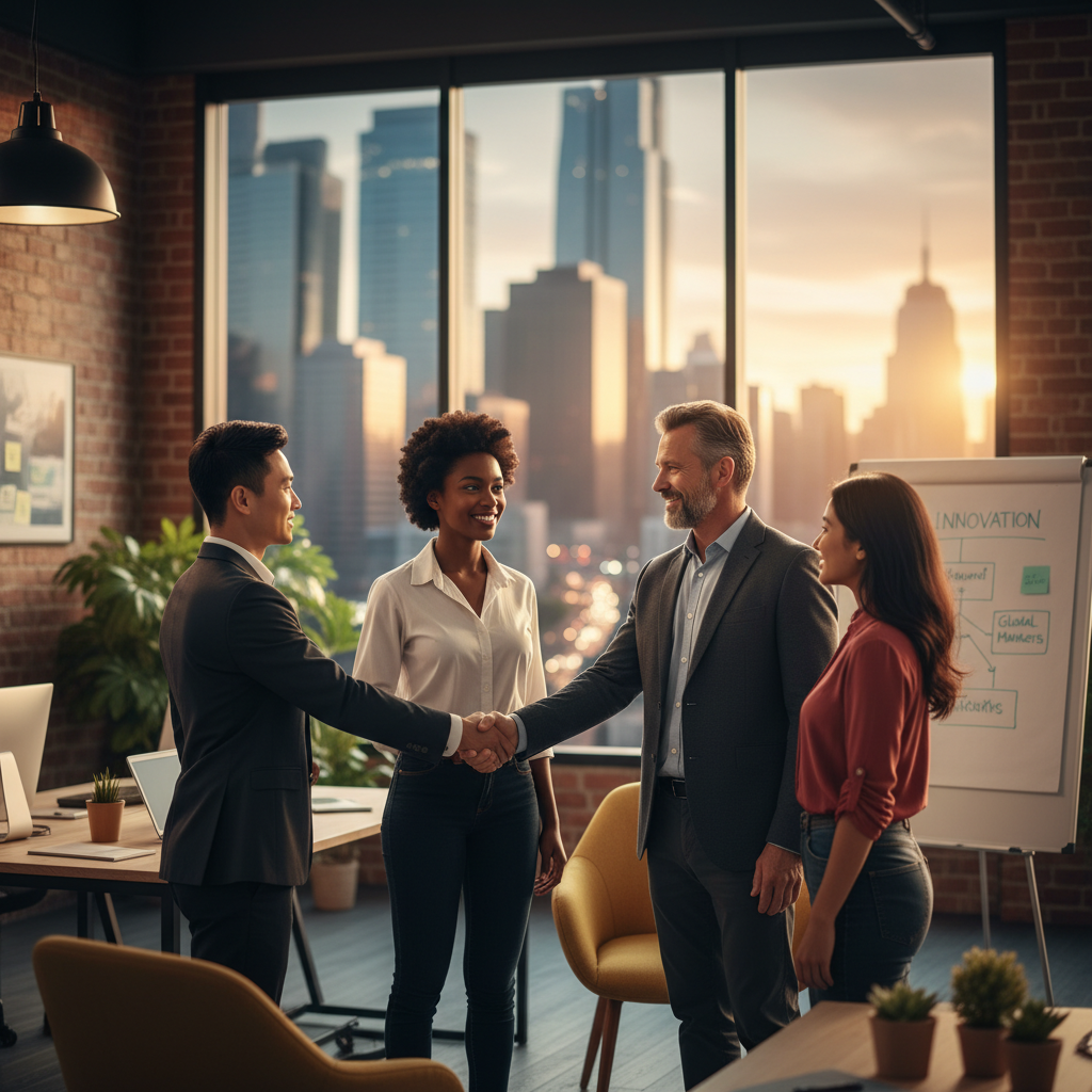 A diverse group of expat entrepreneurs confidently shaking hands with a UK business mentor in a modern co-working space, with a blurred background of a vibrant city, symbolizing collaboration and opportunity. Photorealistic, warm lighting.