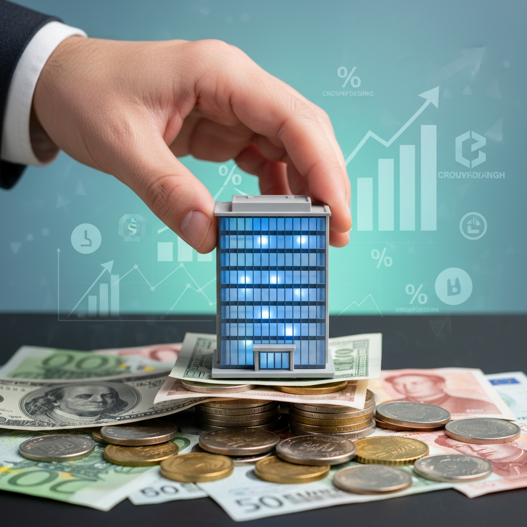 A close-up of a hand placing a small model of a business on a stack of diverse coins and banknotes from various currencies, with different financial symbols (e.g., percentage signs, growth charts) subtly integrated into the background, representing various funding options. Photorealistic, clear focus.