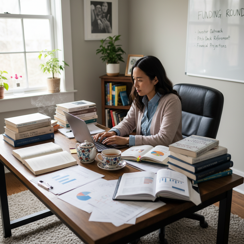 An expat entrepreneur, a woman of Asian descent, diligently working on a laptop, surrounded by open books and documents, in a well-lit home office, with a cup of tea nearby, symbolizing research, planning, and dedication to securing funding. Photorealistic, comfortable atmosphere.
