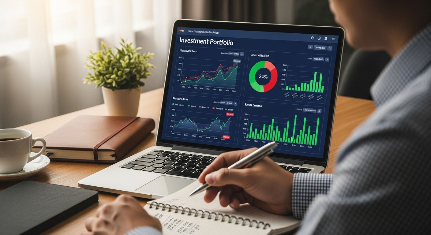 A diverse financial investment portfolio displayed on a laptop screen, showing charts and graphs, with a person's hands holding a pen, contemplating future planning. Realistic, well-lit, professional setting.