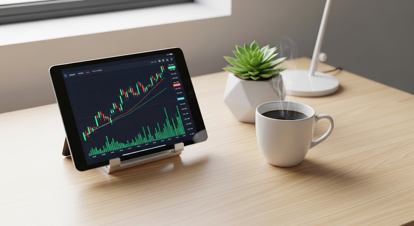 A modern, minimalist office desk with a tablet displaying stock market data and a cup of coffee, symbolizing financial planning and relaxation. Soft, natural lighting.