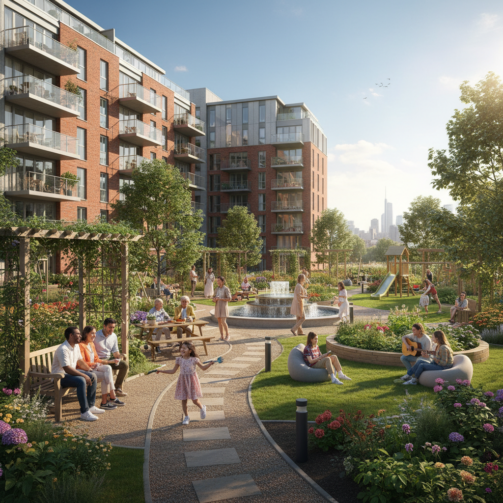 A vibrant, diverse community enjoying a modern, well-maintained communal garden area within a new residential development in a UK city. People are relaxing, chatting, and children are playing, showcasing a desirable lifestyle. Bright, sunny day, photorealistic.