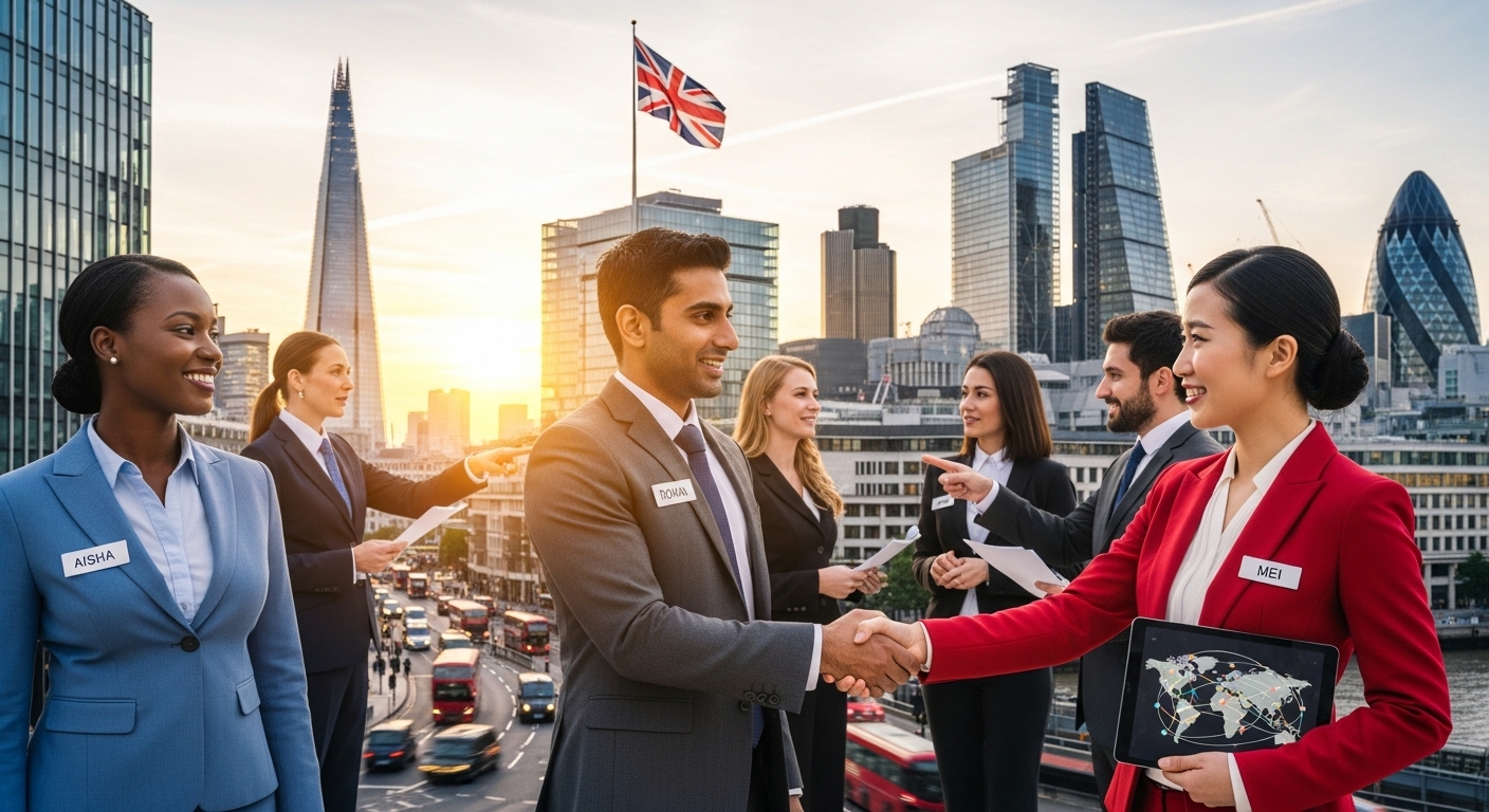 A photorealistic, vibrant image of a diverse group of international business people collaborating and shaking hands in front of a modern, bustling cityscape with a prominent UK flag flying, symbolizing global business connections and economic growth.