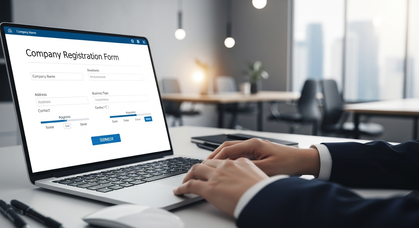 A photorealistic, detailed shot of a person's hands filling out online company registration forms on a laptop, with a blurred background of a modern office space, emphasizing efficiency and digital process.