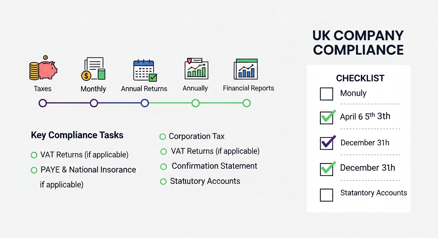 A photorealistic, clean infographic showing a simplified timeline or checklist for UK company compliance, including icons for taxes, annual returns, and financial reports, with a vibrant and professional aesthetic.